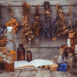 Medicinal herbs and tinctures homeopathy. Selective focus.